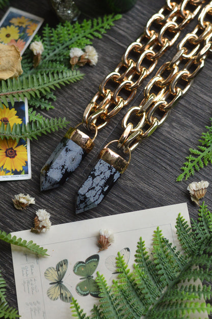 Snowflake Obsidian Gold Tone Chunky Chain Necklace