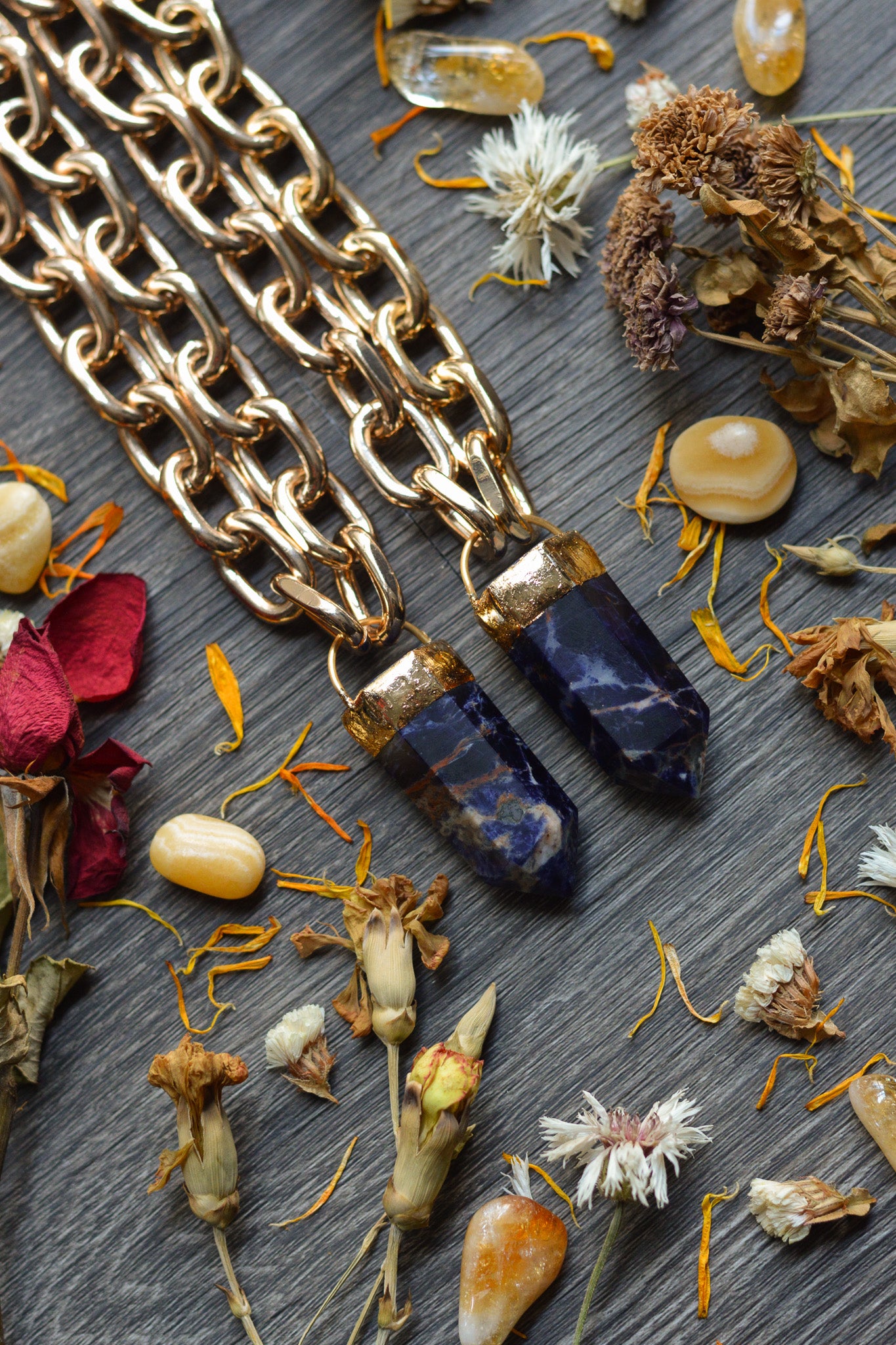 Sodalite Gold Tone Chunky Chain Necklace