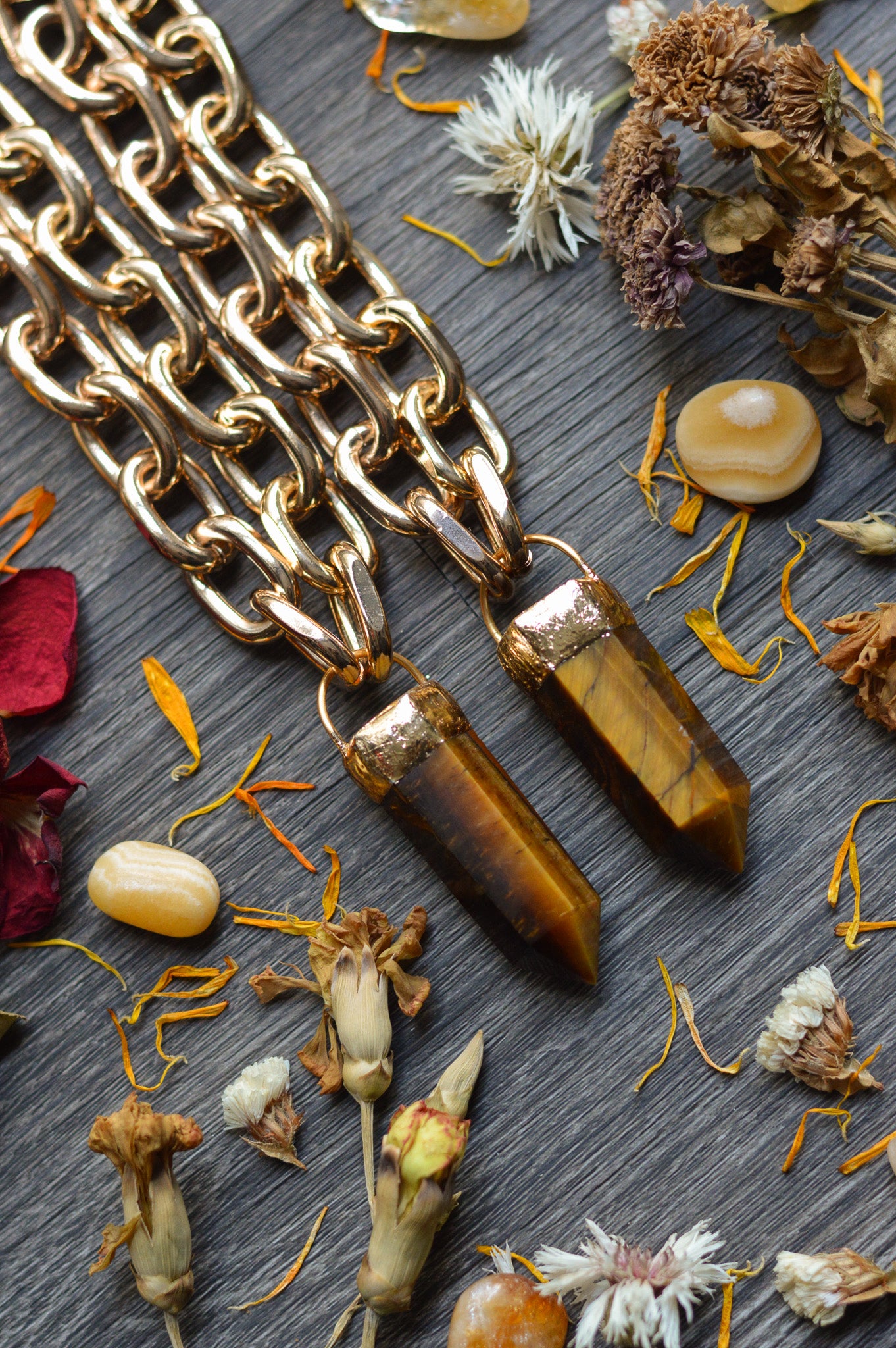 Tigers Eye Gold Tone Chunky Chain Necklace